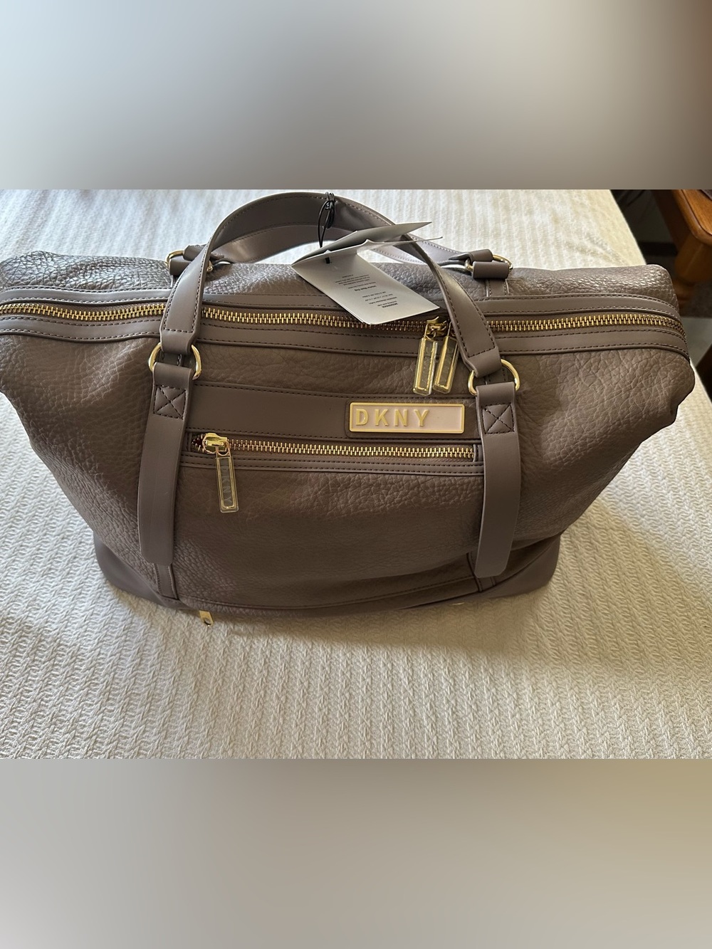 NWT DKNY Taupe Gray Leather Weekender Bag with Gold Hardware